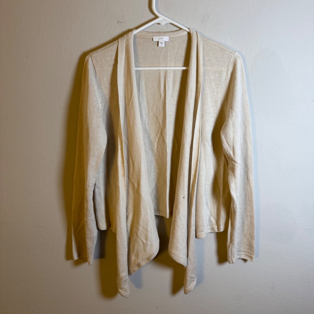 J. Jill Oatmeal Beige Linen Blend Open Front Waterfall Cardigan Sweater Womens M